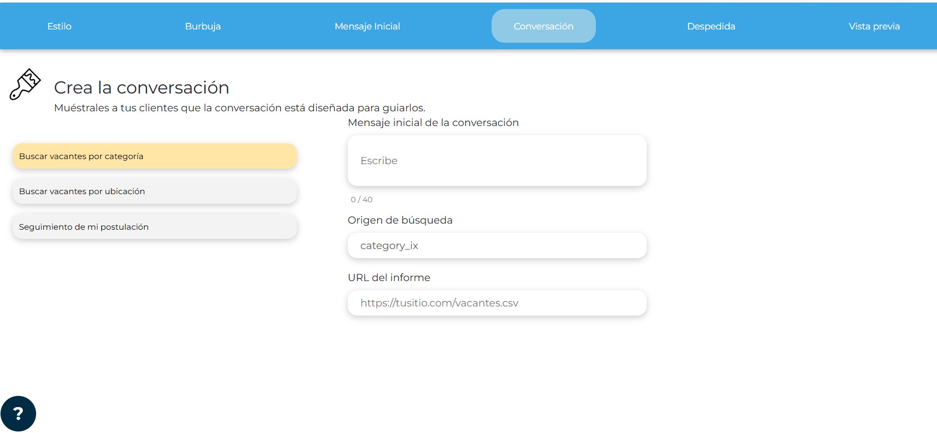Configuración: Vacantes por categoría